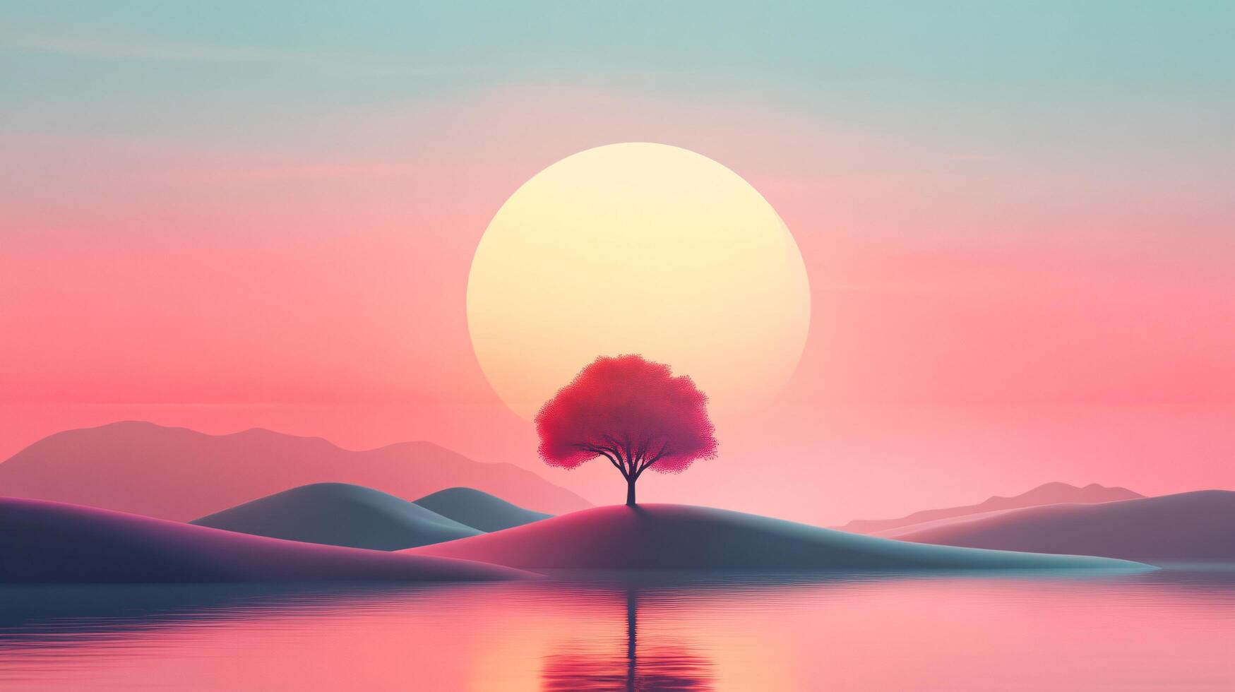 Surreal landscape with red tree growing on small island reflecting in still water under big setting sun photo
