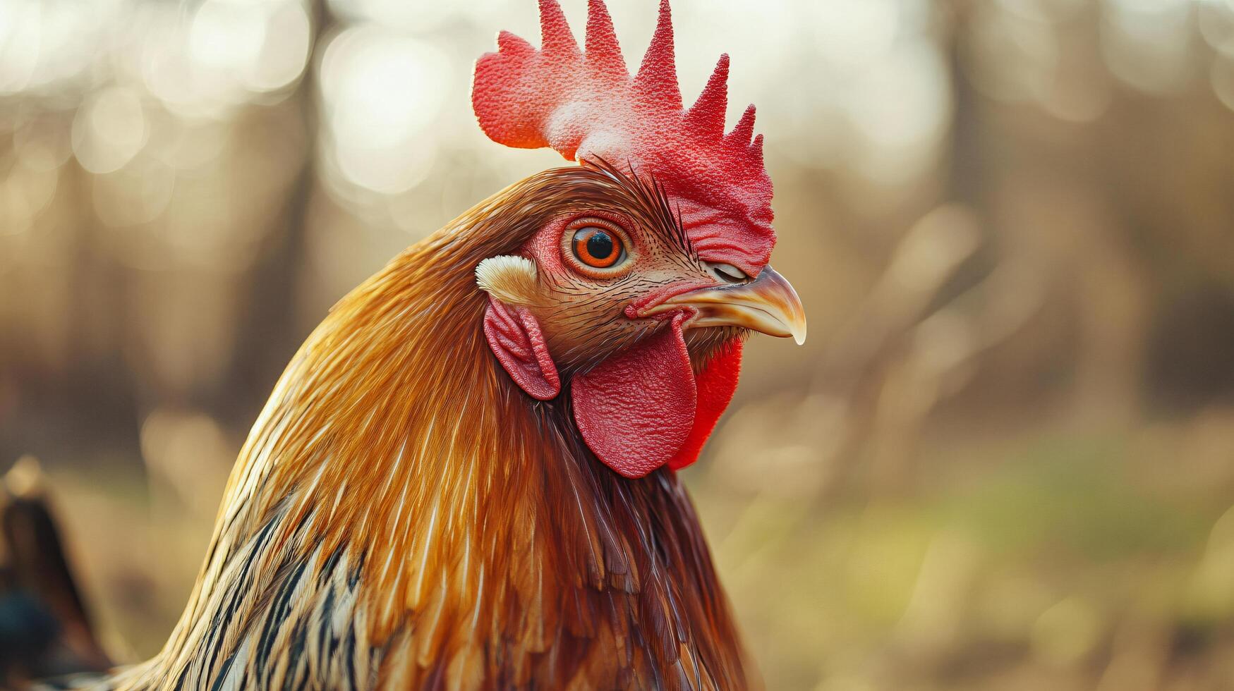 Close up of a rooster with orange and brown feathers and a red crest, standing in a natural environment photo
