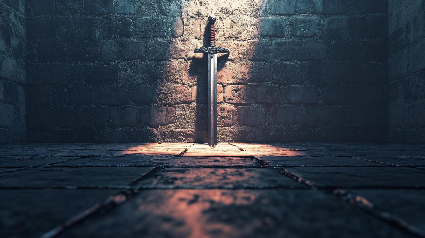 Mysterious sword standing in dark dungeon stone room illuminated by ray of light photo