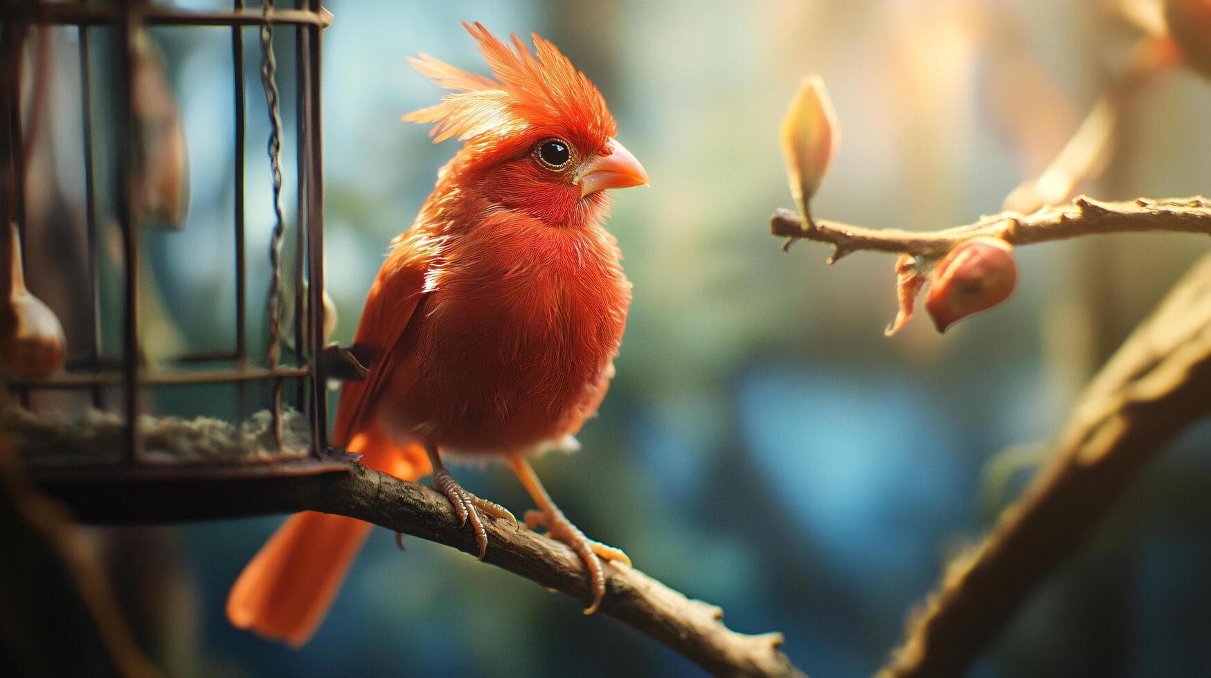 Beautiful red cardinal bird perching on a branch near a birdcage, enjoying the sunlight photo