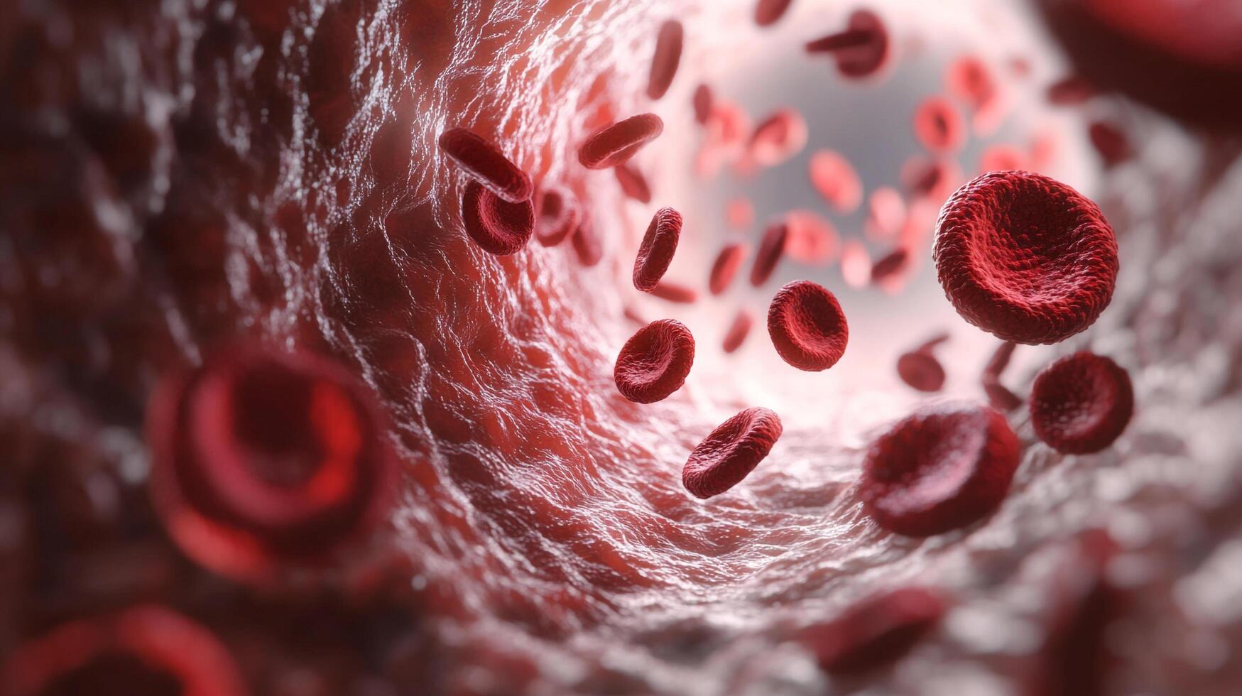 Microscopic view of red blood cells flowing through a vein, highlighting their shape and movement within the circulatory system. photo