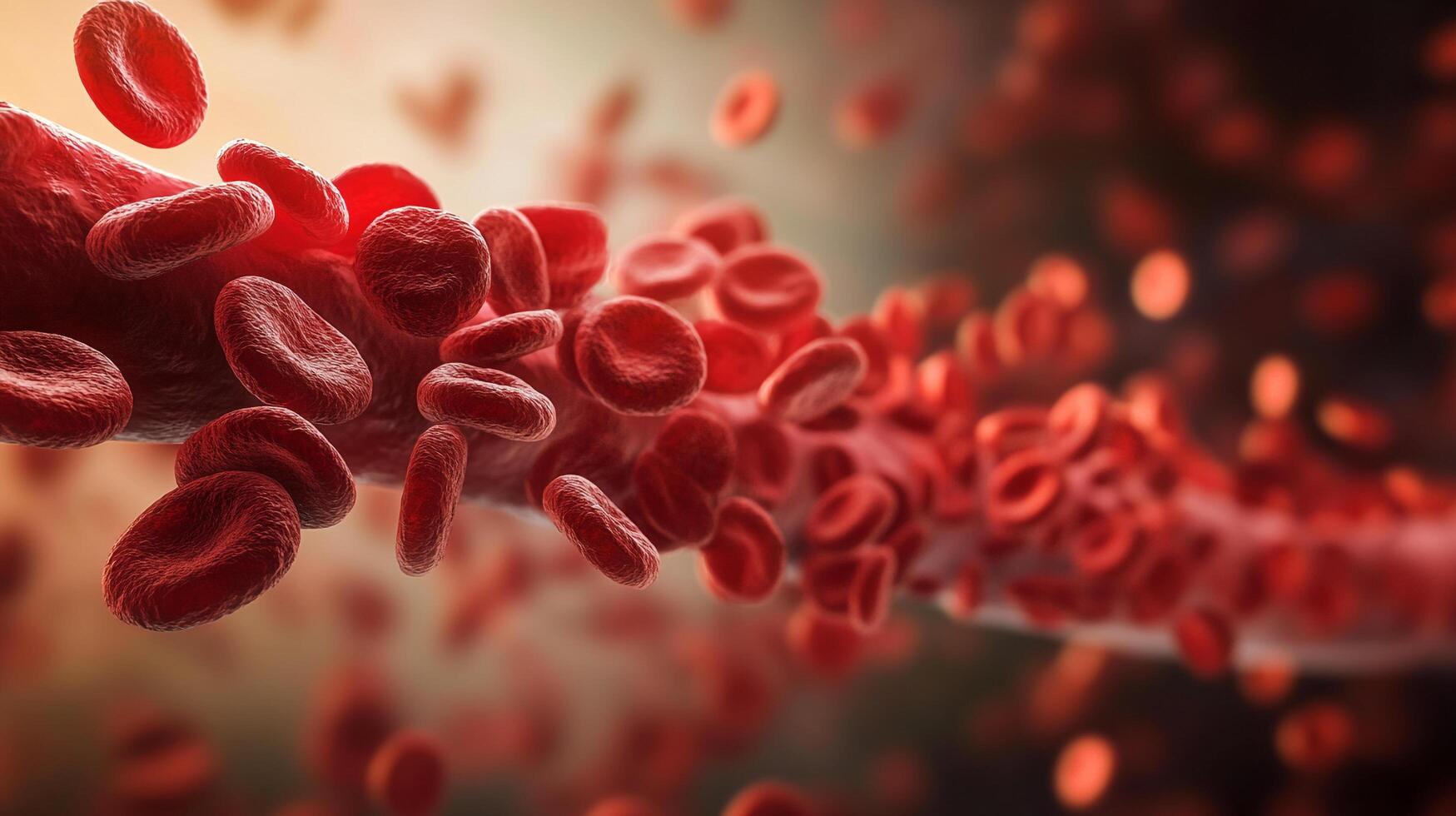 A detailed, microscopic view showcasing numerous red blood cells flowing through a vessel, highlighting their vital role in oxygen transport. photo