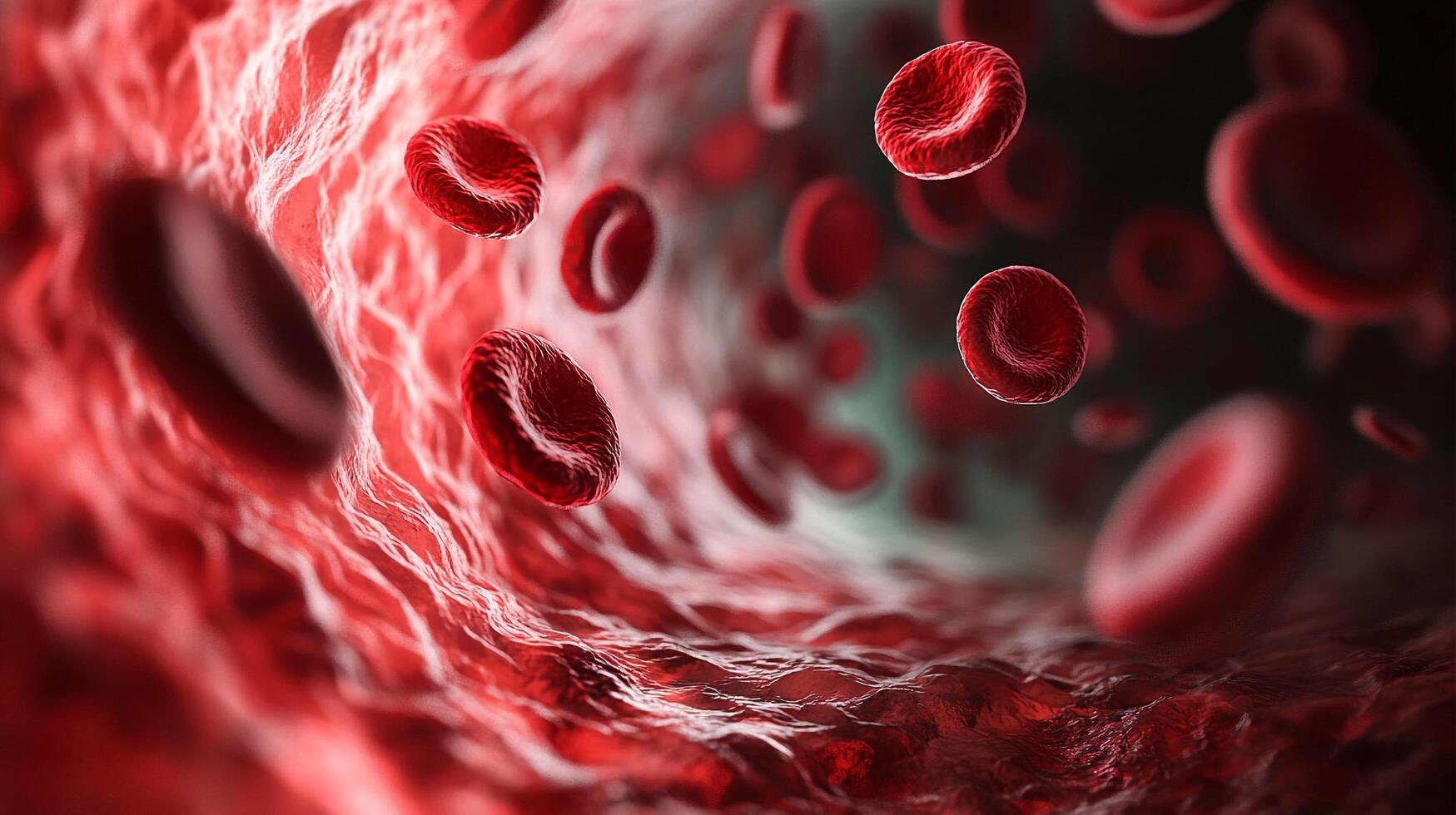 Close-up of red blood cells flowing through a blood vessel. A microscopic look at human blood circulation. Health and medicine concept. photo