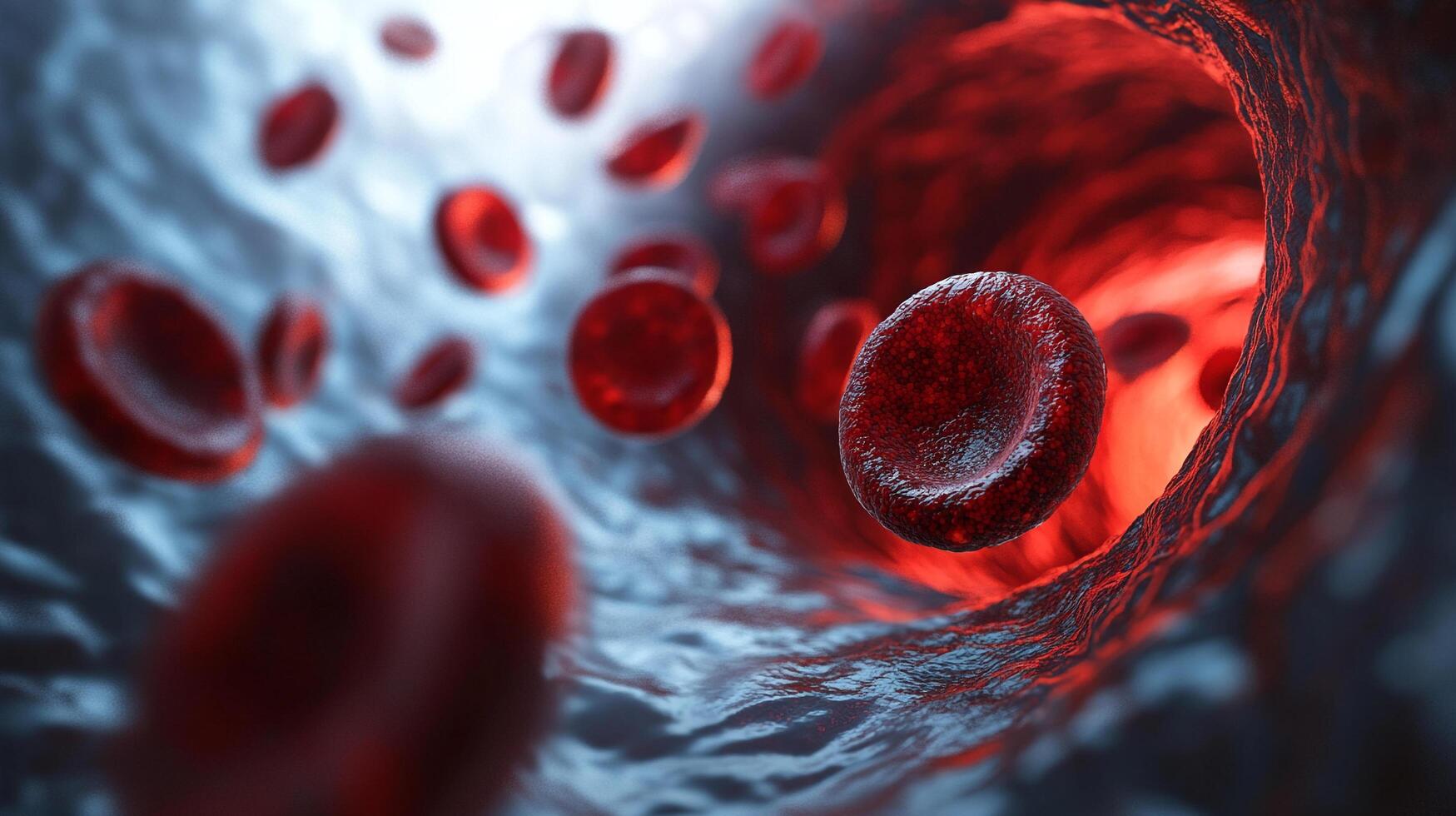 Red blood cells flowing through a vein, highlighting circulation and blood health. Microscopic view of vital life support system. photo