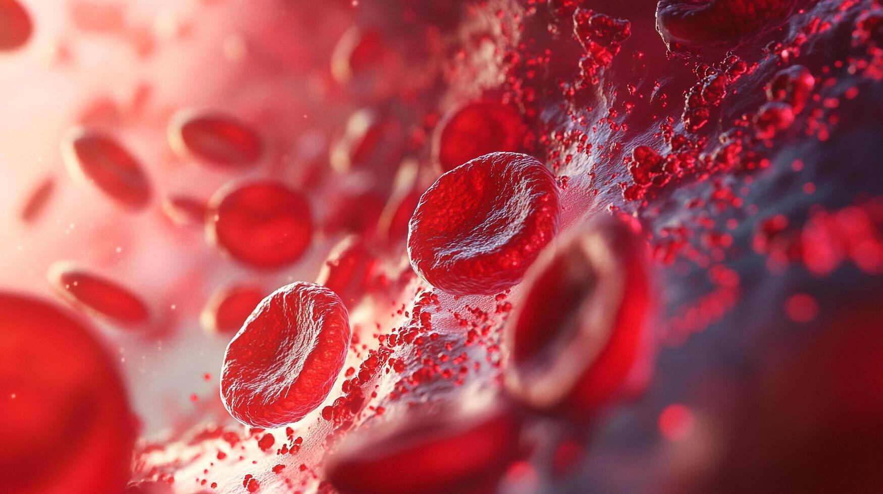 Red blood cells flow through the bloodstream, transporting oxygen and nutrients to keep the body alive. Microscopic world inside the body. photo
