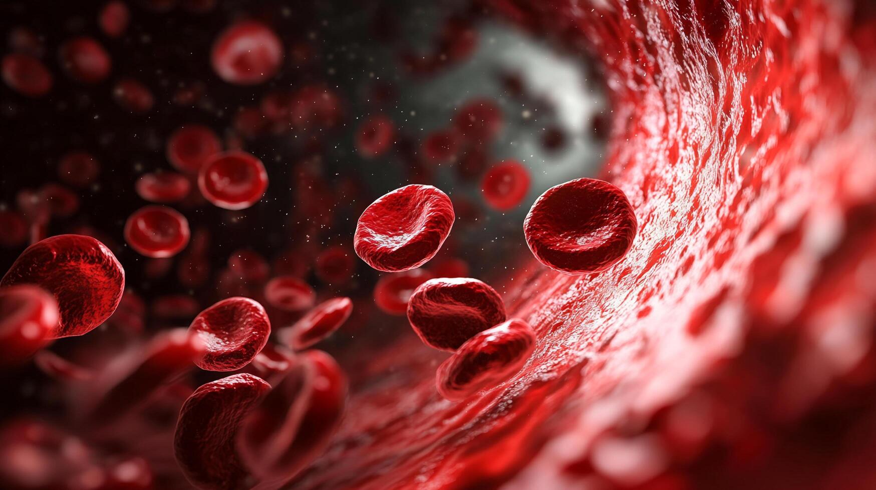 Microscopic view of red blood cells flowing through a vessel, essential for oxygen transport in the circulatory system. photo