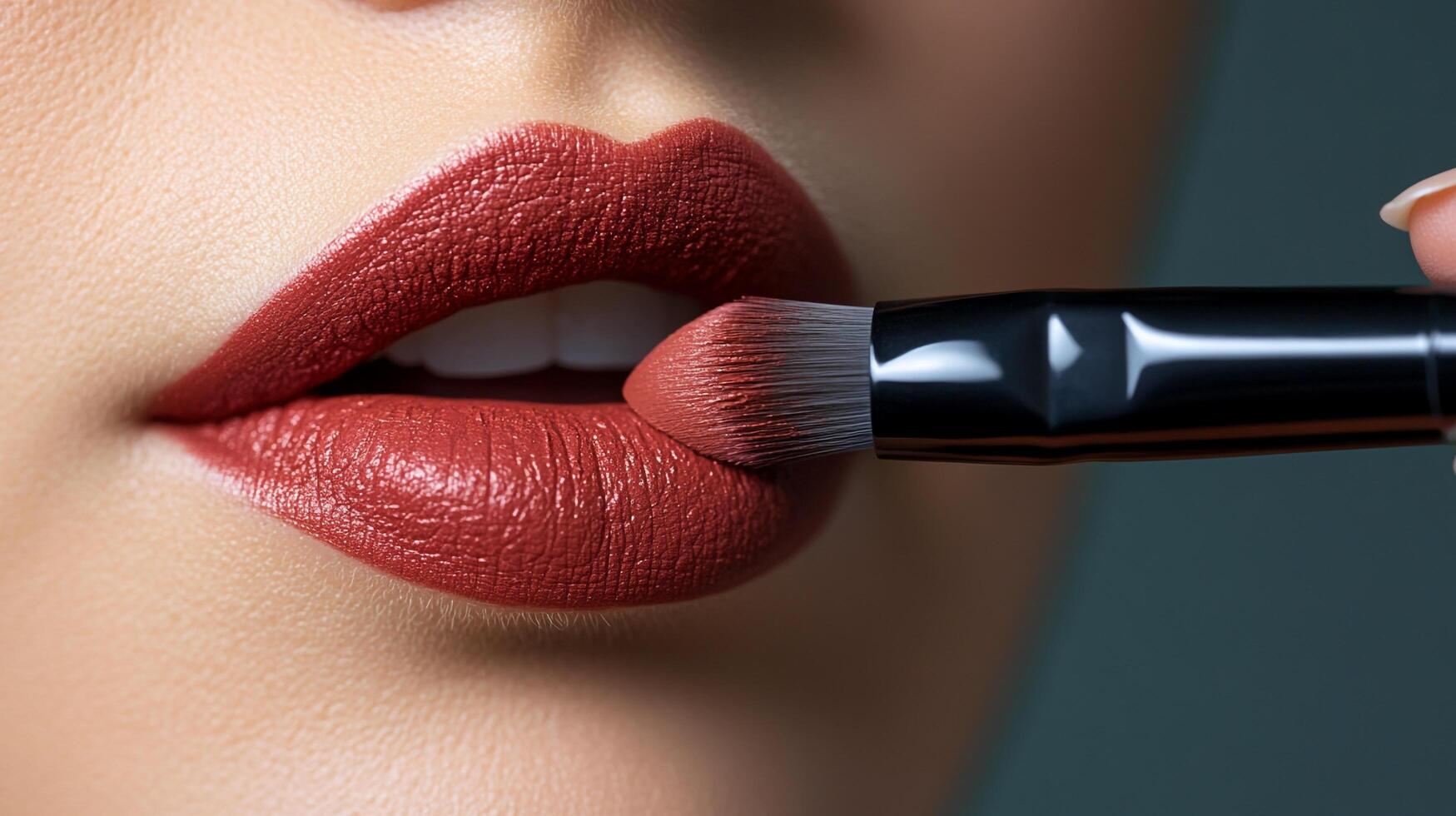 Crimson lips are painted with a makeup brush, creating a stunning, bold look. The perfect final touch for a polished, elegant appearance. photo
