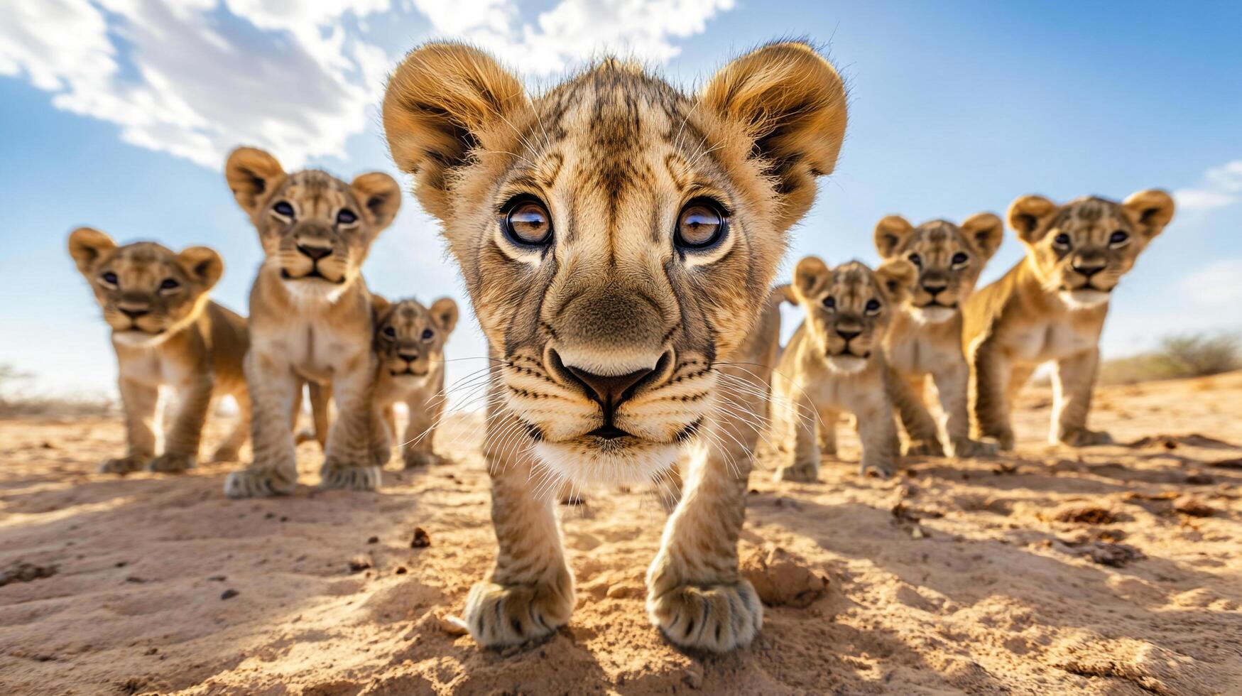 A pride of lion cubs curiously approaches the camera. This is a stunning wildlife shot in its natural habitat under a blue sky photo