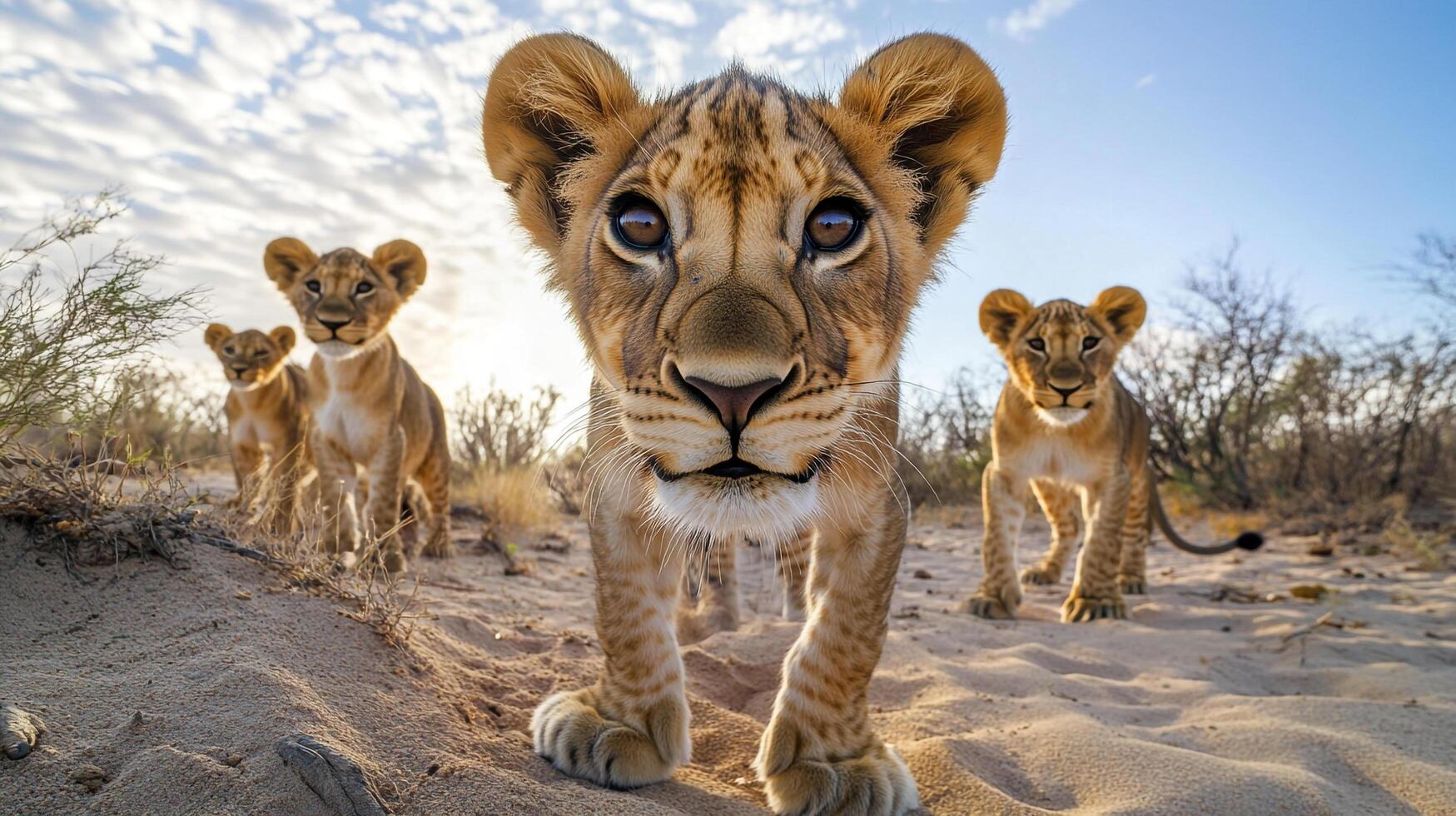 Lion cubs explore their surroundings. Playful family moment captured in the wild, showcasing their innocent curiosity and the bonds of kinship. photo