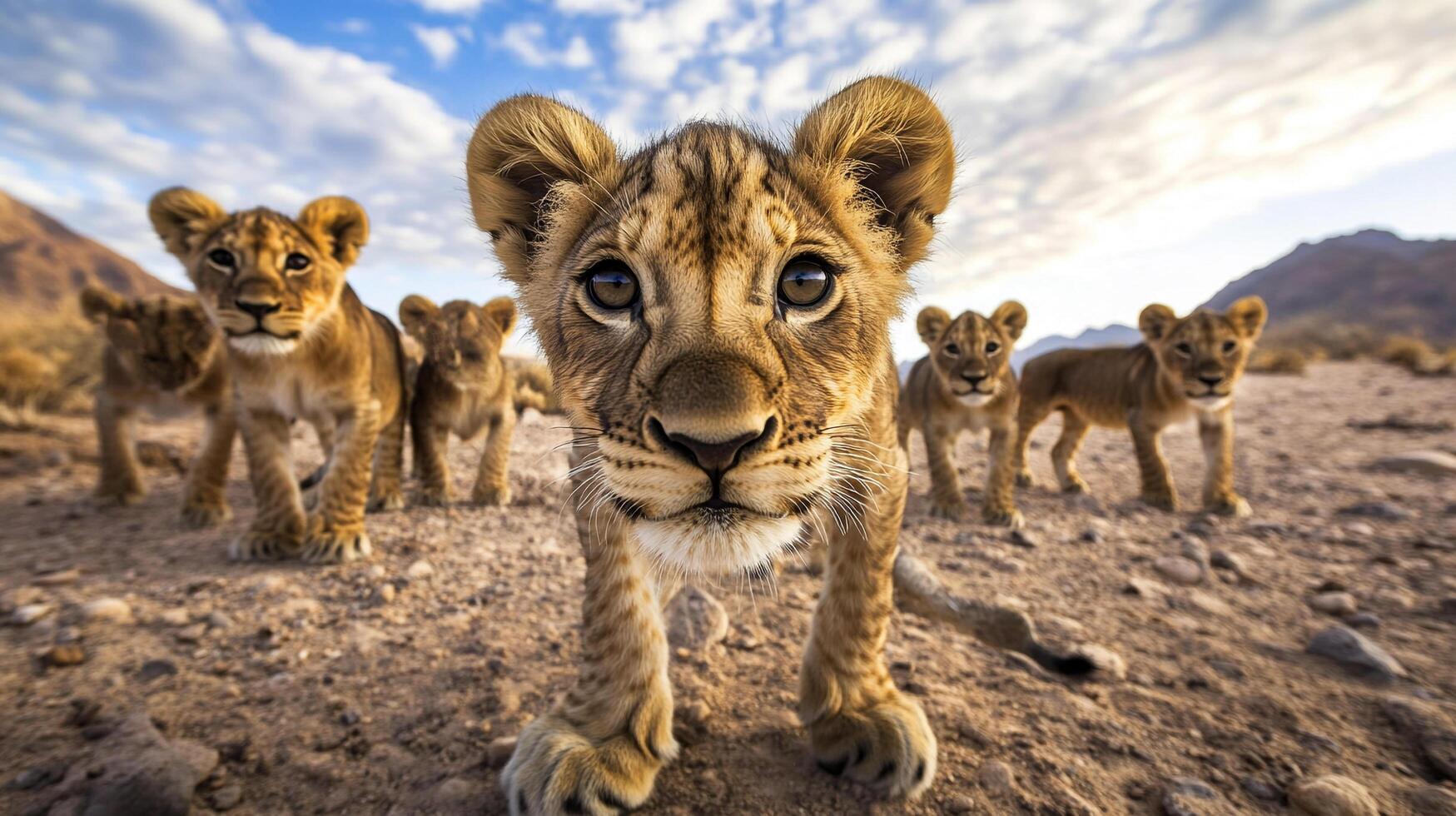 A group of adorable lion cubs poses playfully in a dry, rocky environment with a bright blue sky overhead. Close-up on baby lion. photo