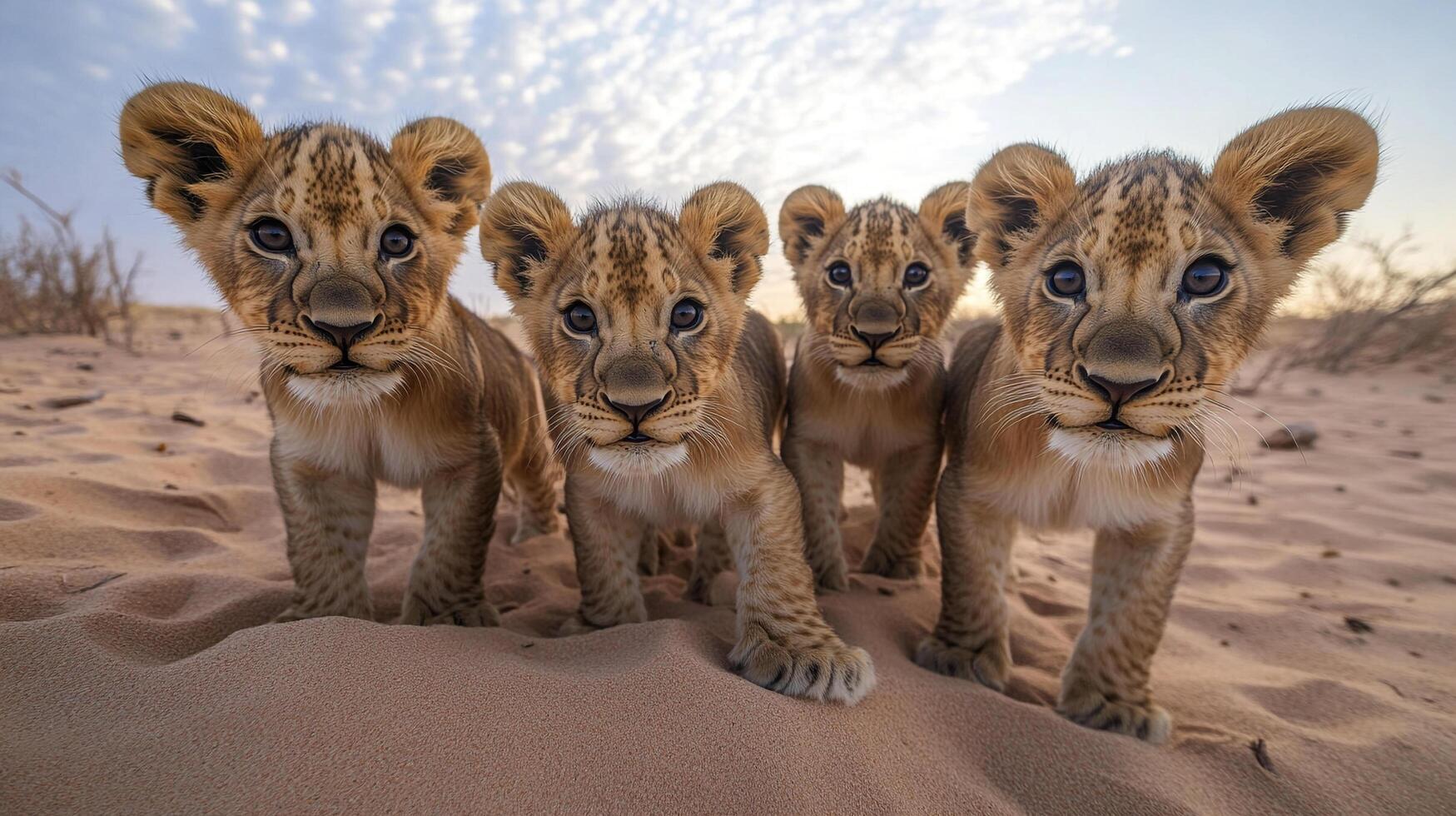 Four lion cubs stand together on a sandy dune, looking directly at the viewer with curious expressions against a bright sky. photo