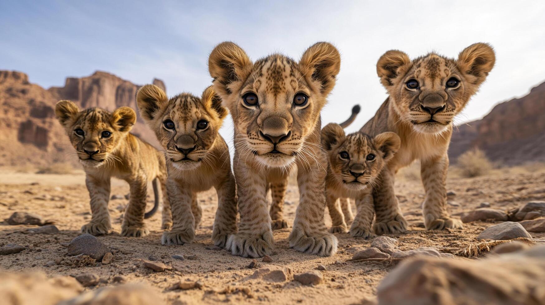 Five lion cubs facing the camera with the background showing the vast desert and clear sky, cubs are with light brown color fur photo