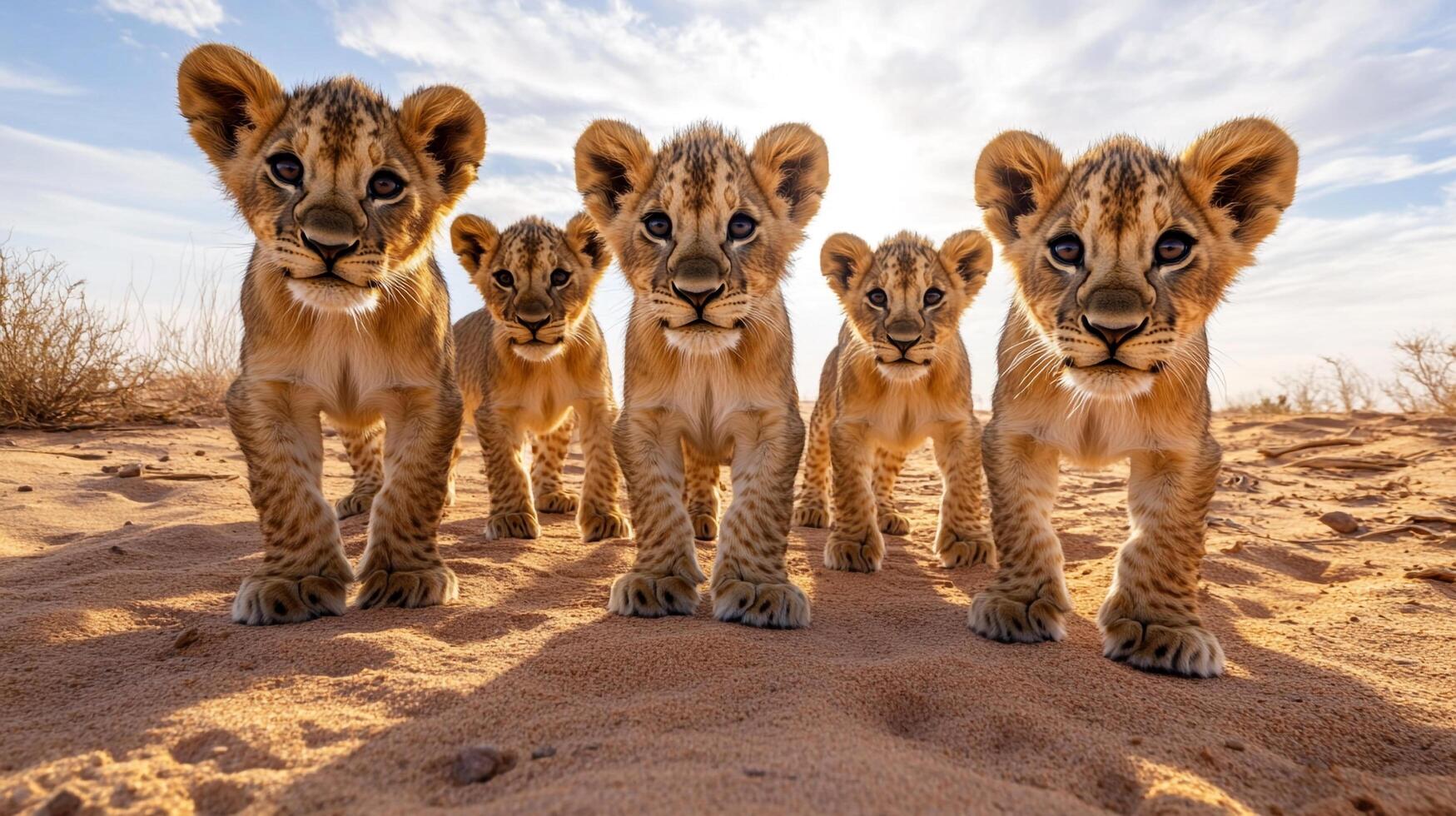 A captivating close-up of five lion cubs standing together on a sandy surface, looking directly at the camera with curious expressions. photo