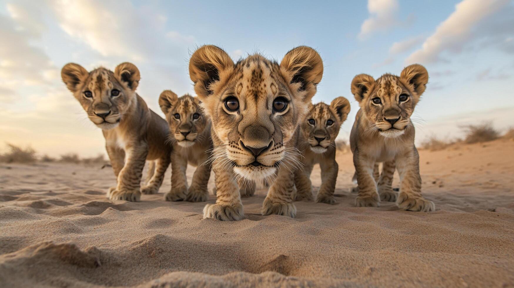 Five adorable lion cubs on a sandy plain, gazing forward with curiosity under a bright sky at sunset, exuding innocence and wild charm. photo