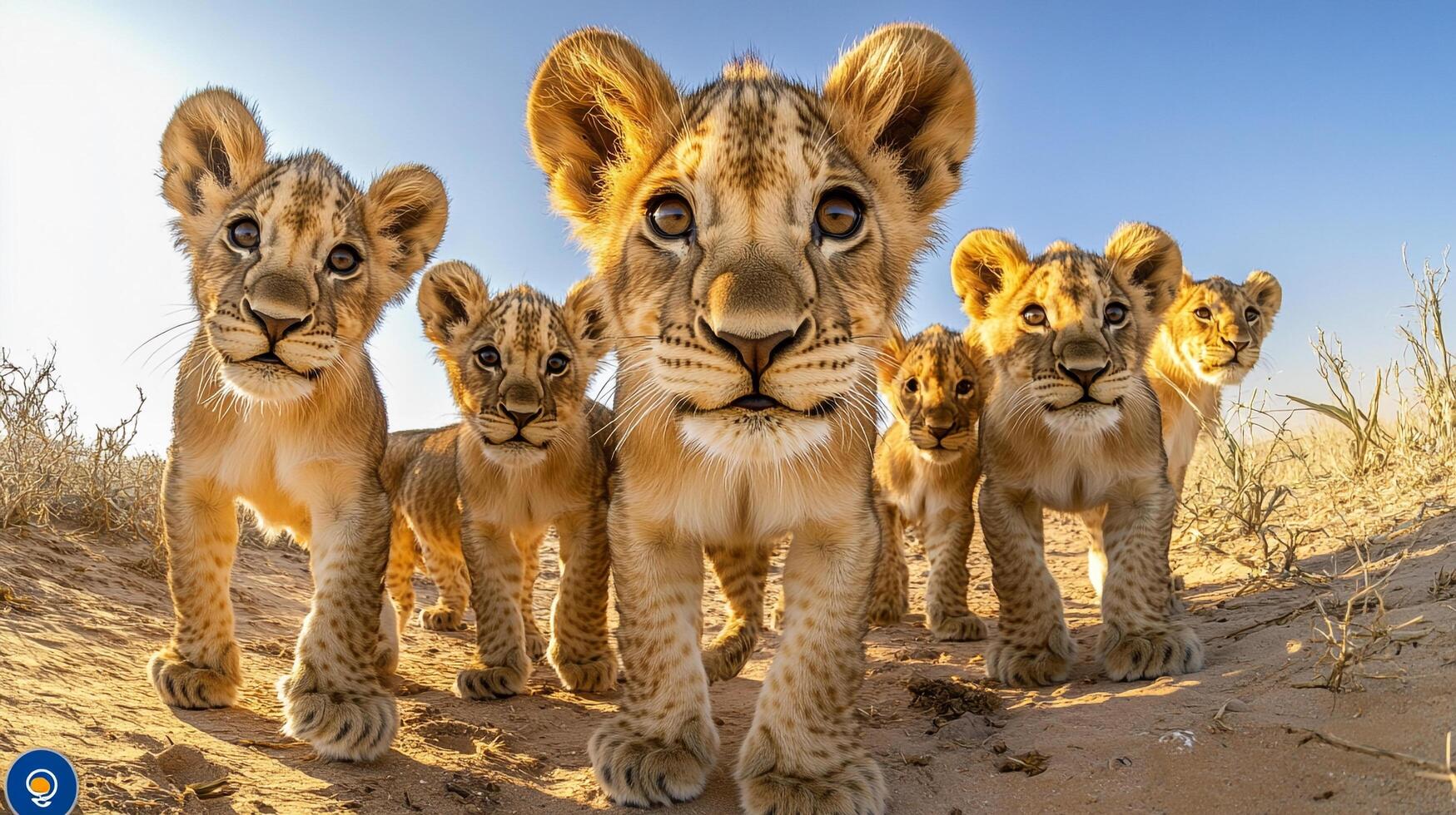 Curious cubs venture forth, a playful pride in miniature, exploring their savanna home under the vast African sky. Innocence and strength intertwined. photo