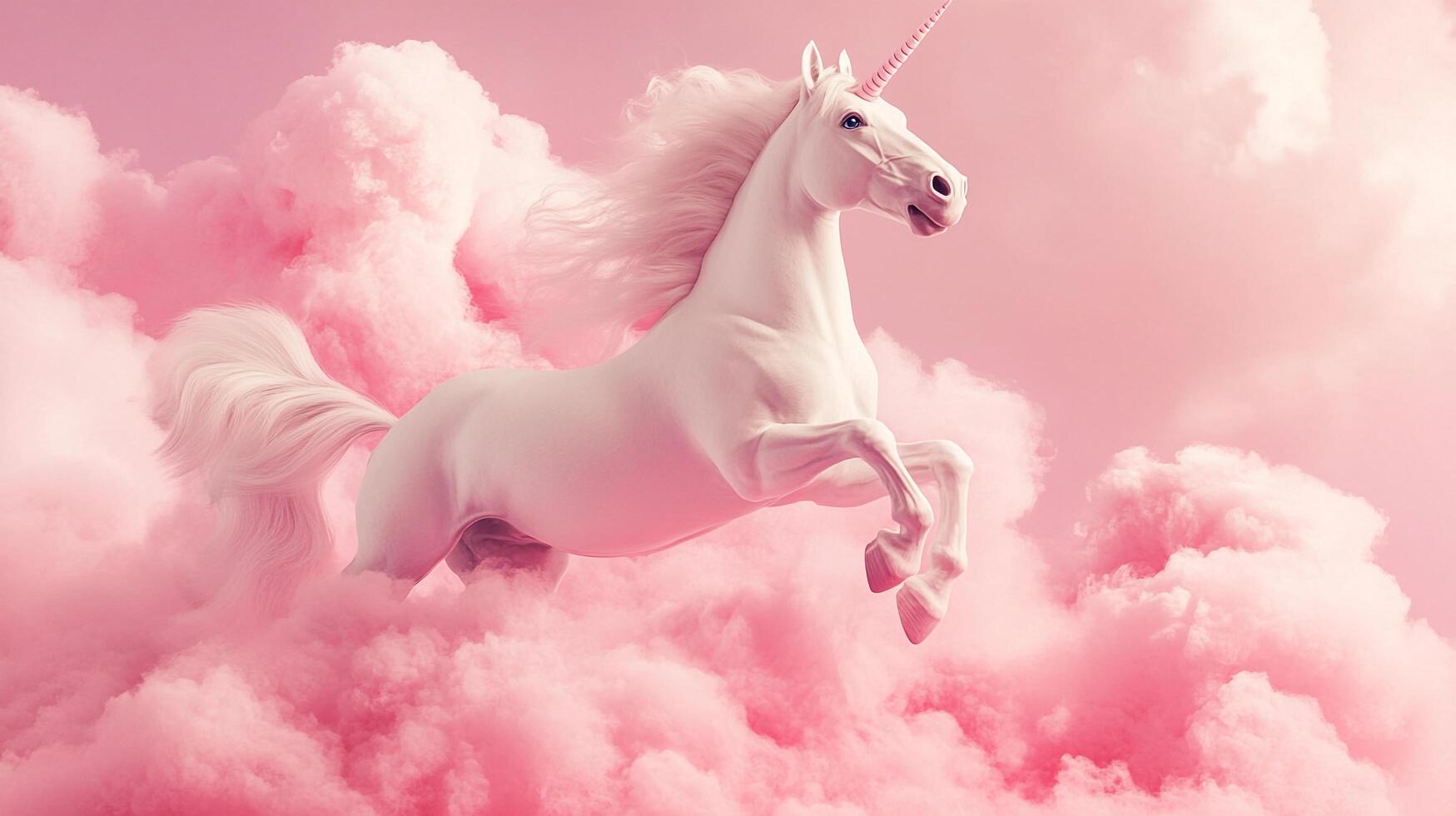 A majestic unicorn leaps through soft, pink clouds, its white coat gleaming against the ethereal backdrop of a dreamy sky. photo