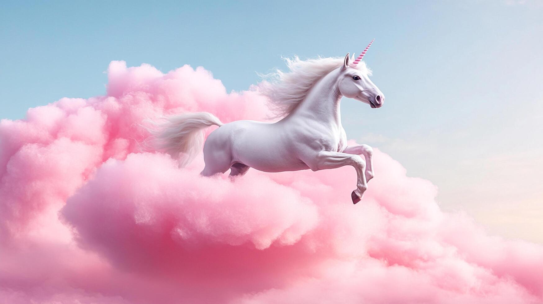 A white unicorn leaps through fluffy pink clouds against a soft blue sky. A dreamlike vision of fantasy and magic. photo