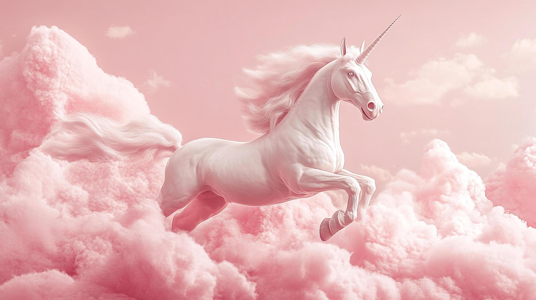 An enchanting unicorn leaps through soft pink clouds, radiating magic and wonder. A whimsical dream come to life with ethereal beauty. photo