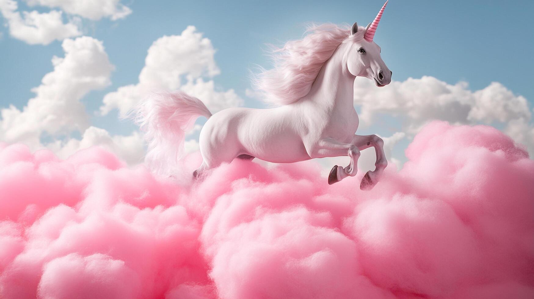 A majestic white unicorn leaps across fluffy pink clouds under a bright blue sky, a vision of fantasy and wonder. photo