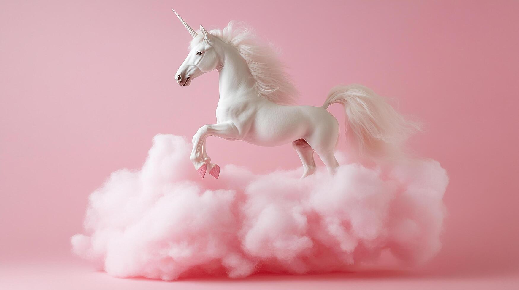 A graceful, white unicorn prances atop fluffy, pink clouds against a pale pink backdrop, embodying fantasy and innocence. photo