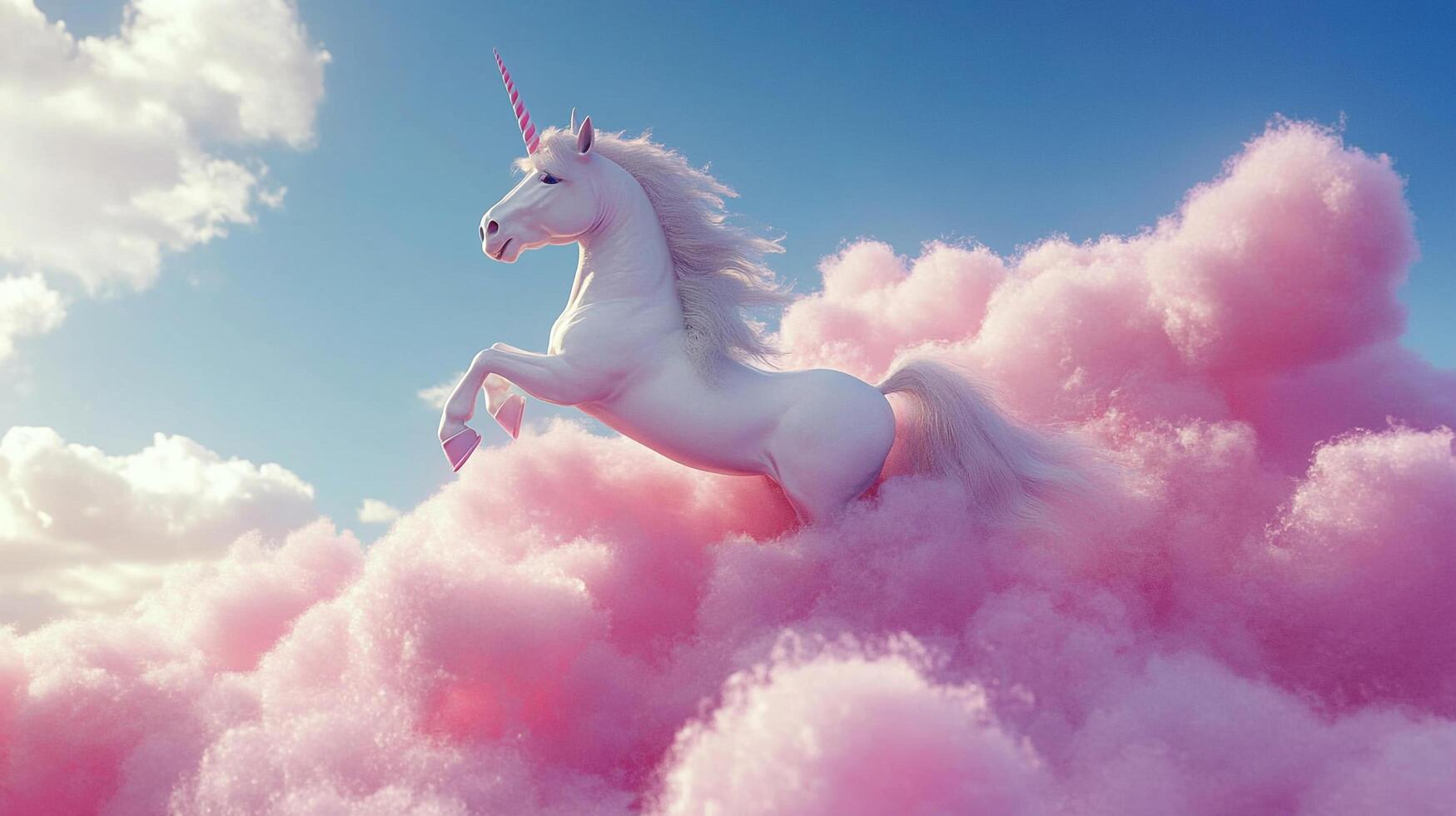 A beautiful, regal white unicorn soars through fluffy pink clouds against a backdrop of blue sky, radiating fantasy and ethereal beauty. photo