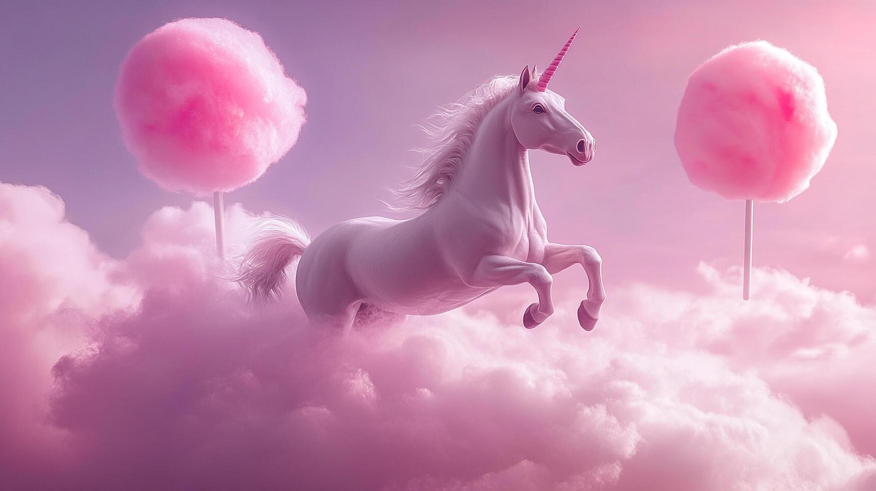 A magical white unicorn prancing through a pink cloudscape with cotton candy skies creating a whimsical, dreamlike atmosphere. photo
