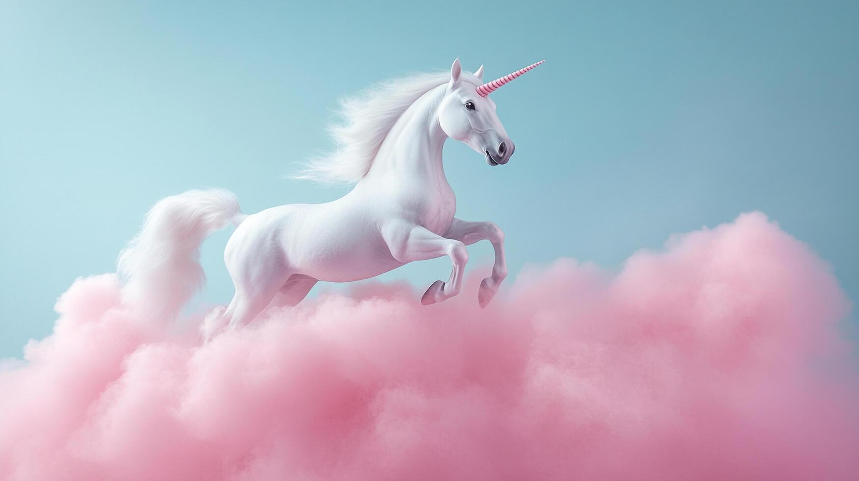 A white unicorn with a striped horn jumps through pink clouds against a dreamy blue sky. A magical, ethereal scene of fantasy. photo