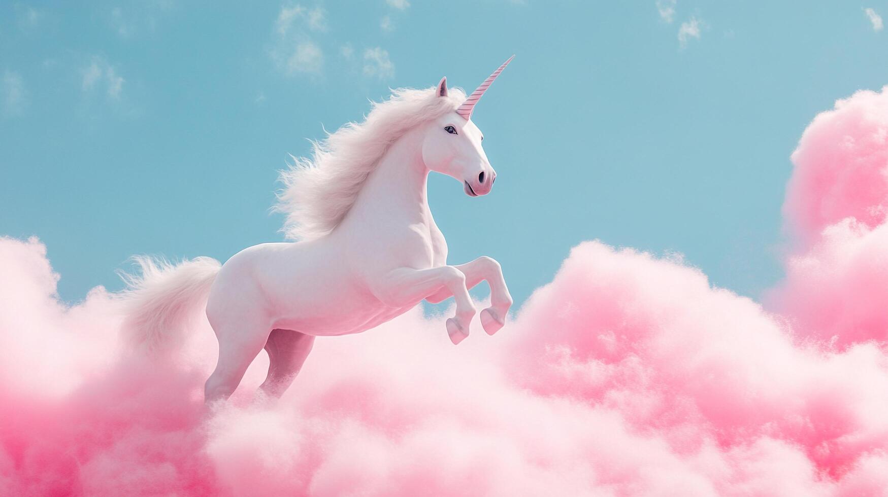A majestic white unicorn leaps through pink cotton candy clouds against a soft blue sky, evoking magic, fantasy and wonder. It is a dreamy escape. photo