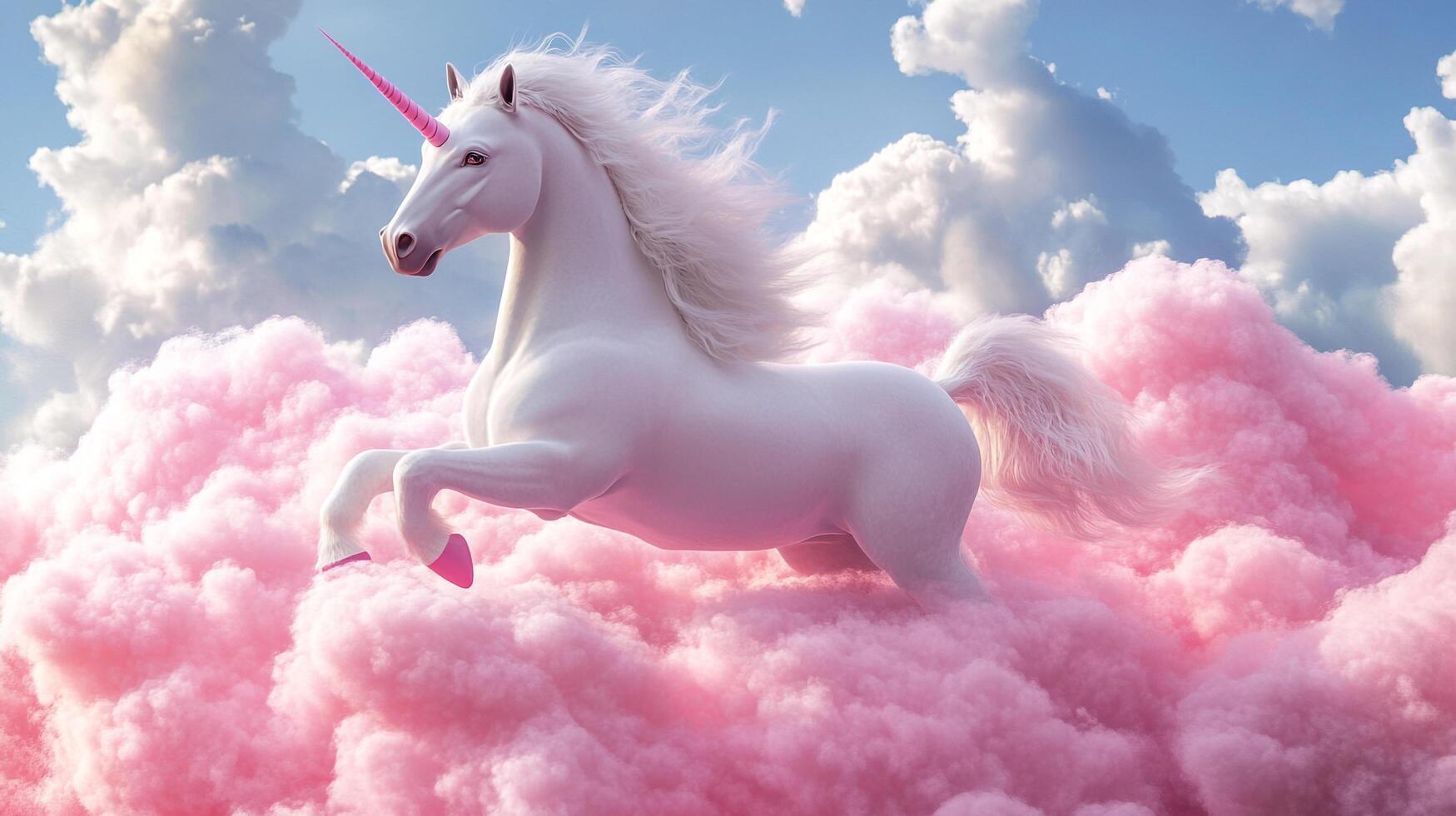 A majestic unicorn, with a pink horn, gallops through fluffy pink clouds against a backdrop of a blue sky filled with white clouds. photo