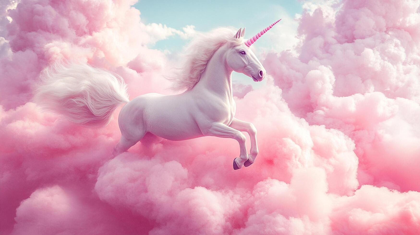 A majestic white unicorn leaps through a dreamy landscape of swirling pink clouds against a pale blue sky, fantasy brought to life. photo
