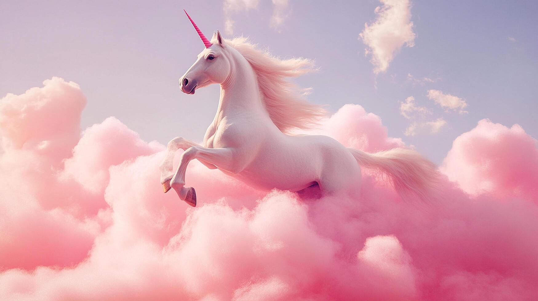 Ethereal unicorn leaps through a pastel sky, pink clouds swirling around it, creating a dreamlike scene of fantasy and wonder. photo