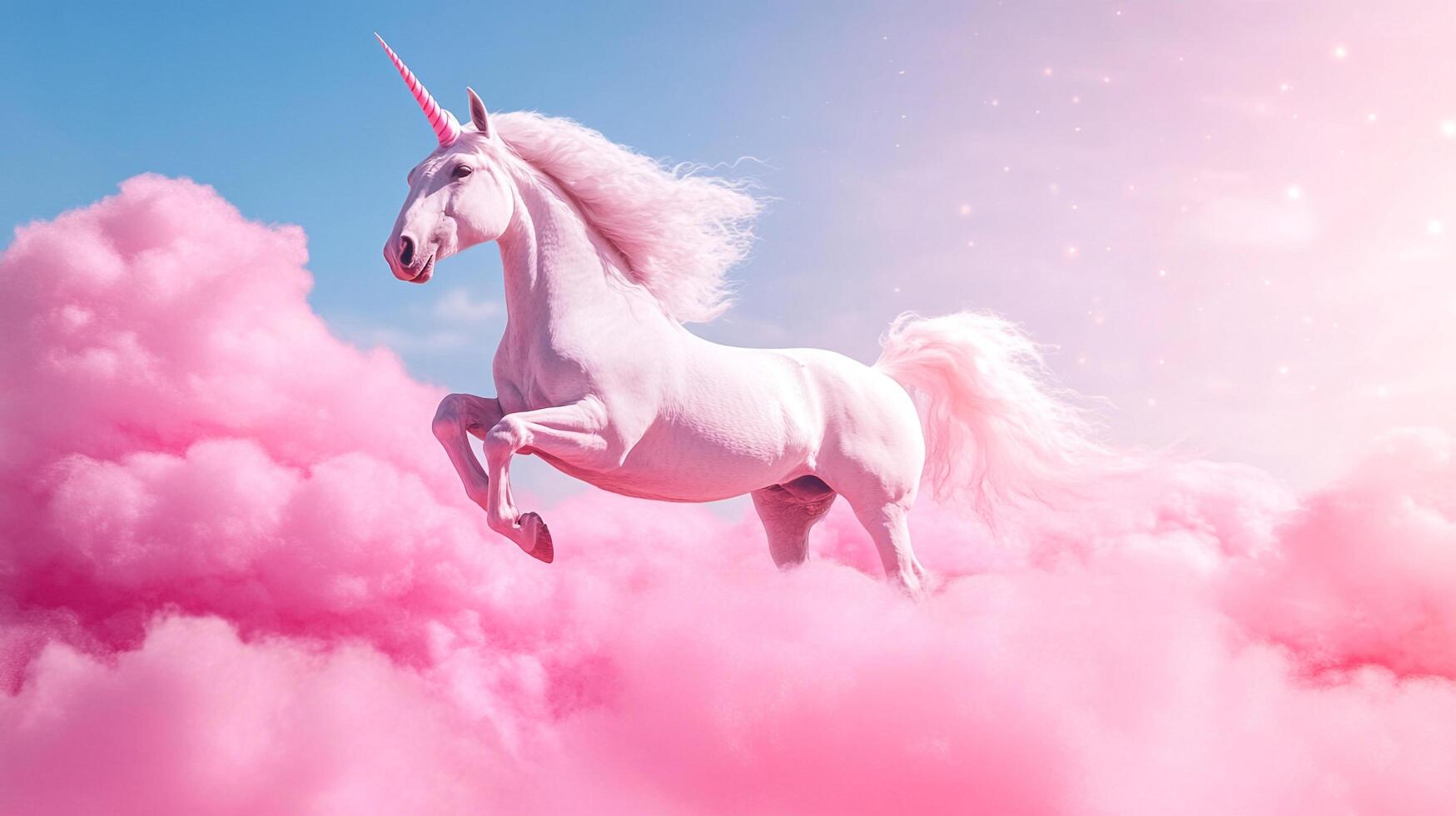 Ethereal unicorn leaping among pink clouds in a bright blue sky, captured with enchanting detail and whimsical, dreamy style. photo