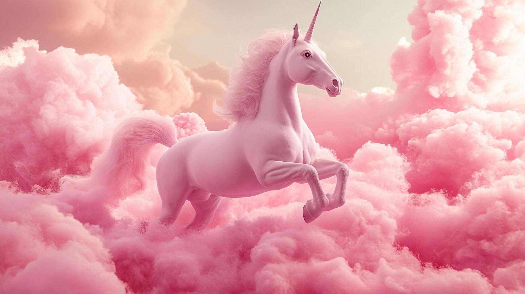 A whimsical unicorn leaps through fluffy pink clouds, bathed in soft light, creating a dreamy and magical atmosphere. photo