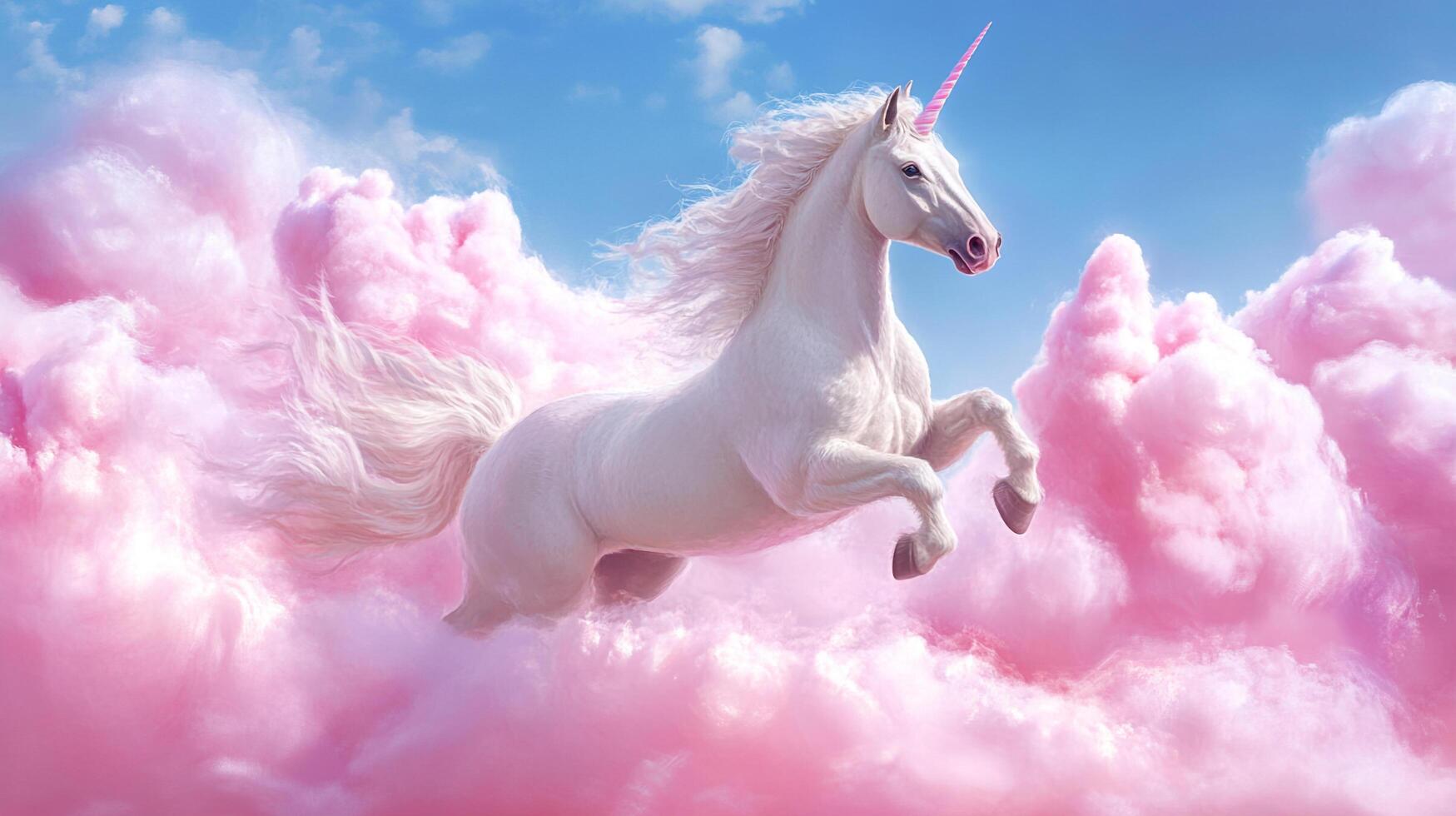 A majestic white unicorn with a pink horn leaps through fluffy, pink clouds against a backdrop of a bright blue sky. photo