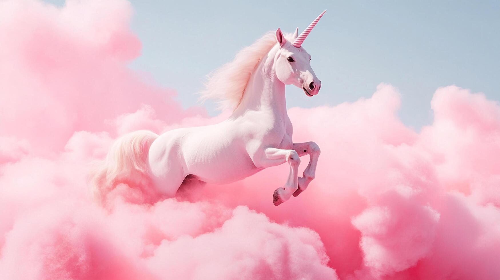 A majestic white unicorn leaps gracefully amidst a vibrant sea of pink clouds, set against a serene, light blue sky. Magical creature. photo