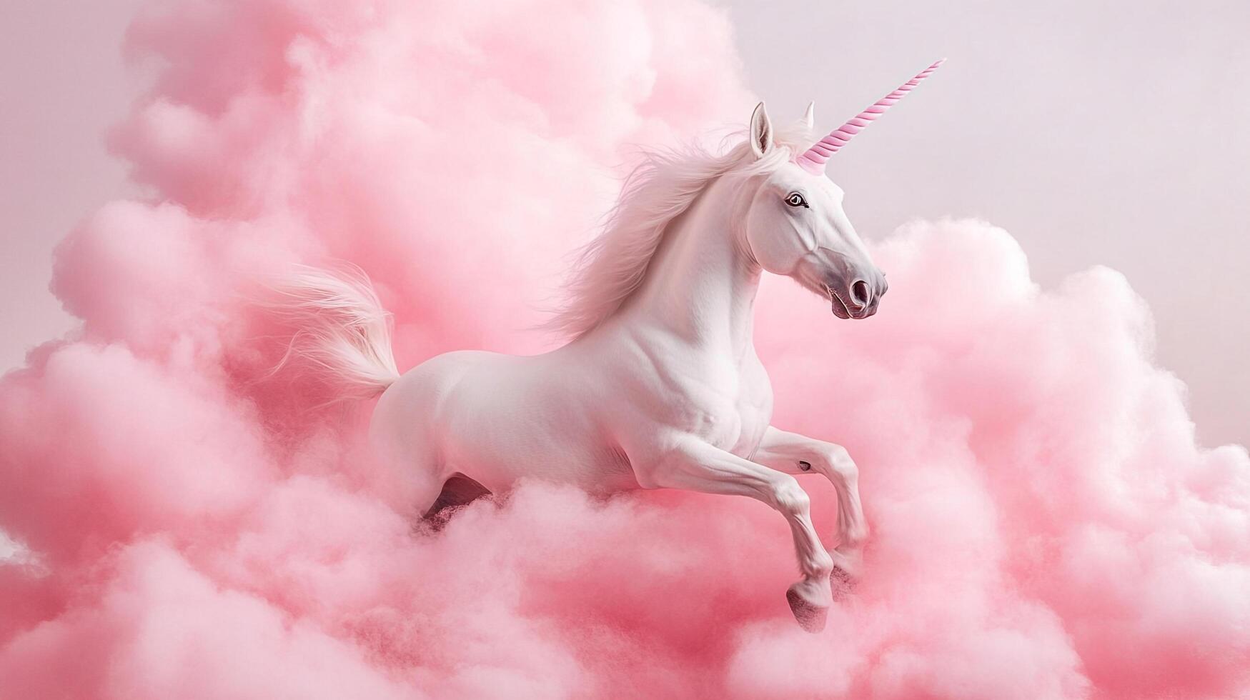 A majestic white unicorn with a pink horn gallops amidst clouds of pink smoke. Ethereal and beautiful, a dreamlike image. photo