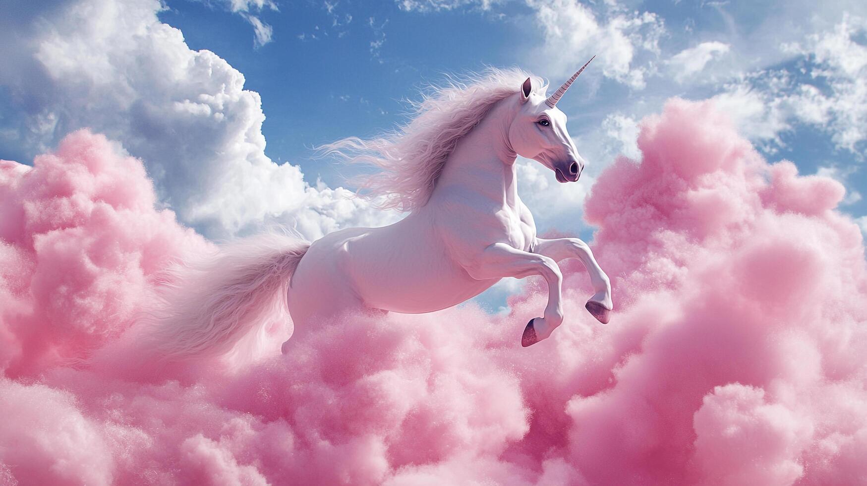 A majestic unicorn leaps among clouds in a blue sky, exuding grace and magic, a symbol of dreams, fantasy, and pure imagination. photo