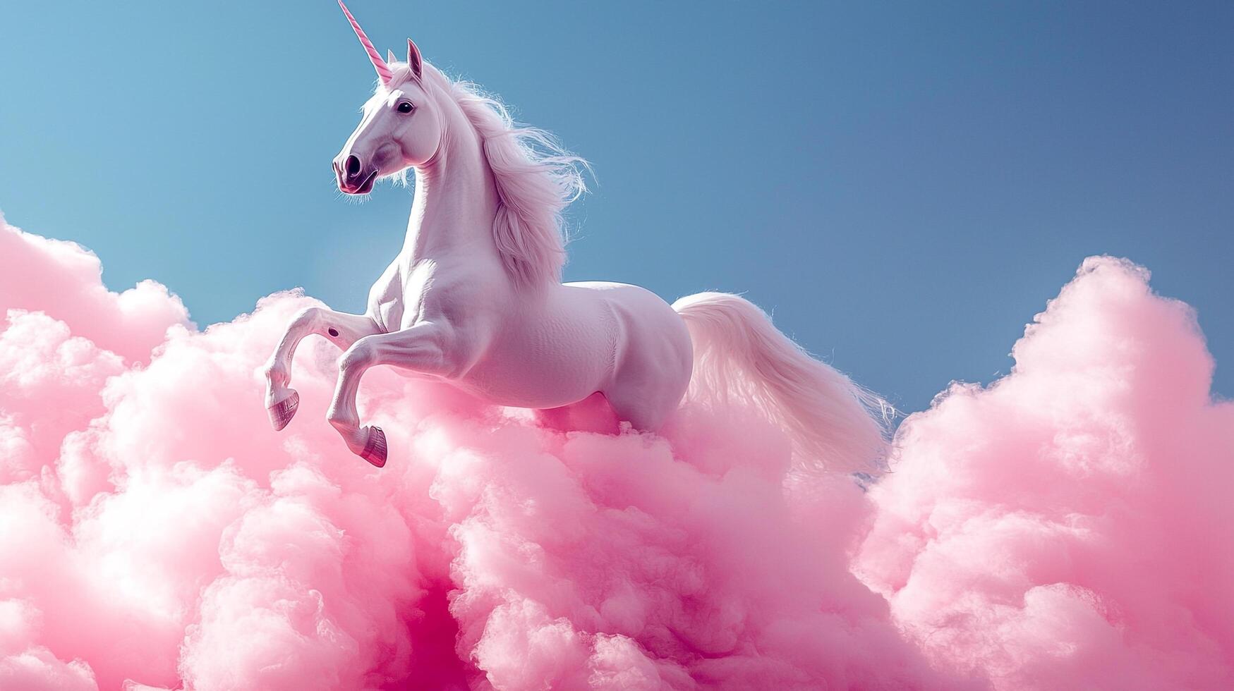 Elegant white unicorn leaping from a cloud of pink cotton candy against a bright blue sky. Magic and fantasy come to life in this beautiful scene. photo