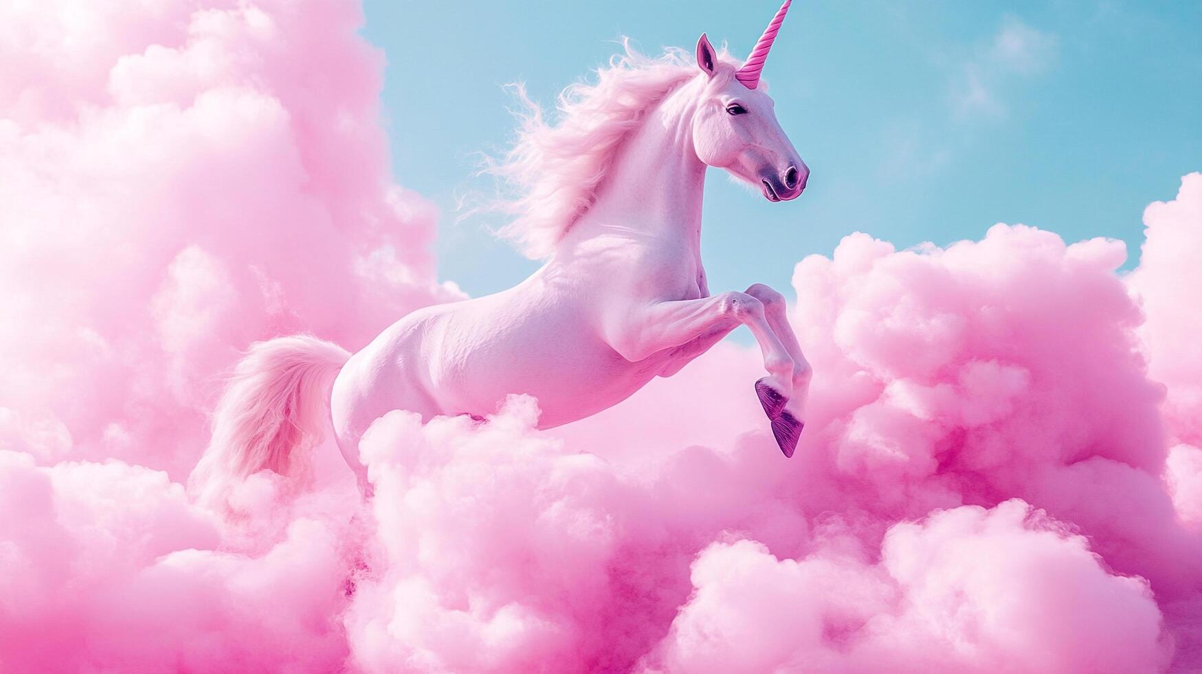 A dreamy pink unicorn soars gracefully through cotton candy clouds against a bright blue sky, embodying magic and wonder. Ideal for fantasy. photo
