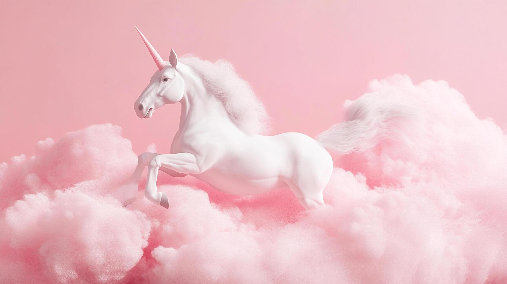 A majestic white unicorn leaps gracefully through fluffy pink clouds against a dreamy pastel pink backdrop. A magical fantasy scene. photo