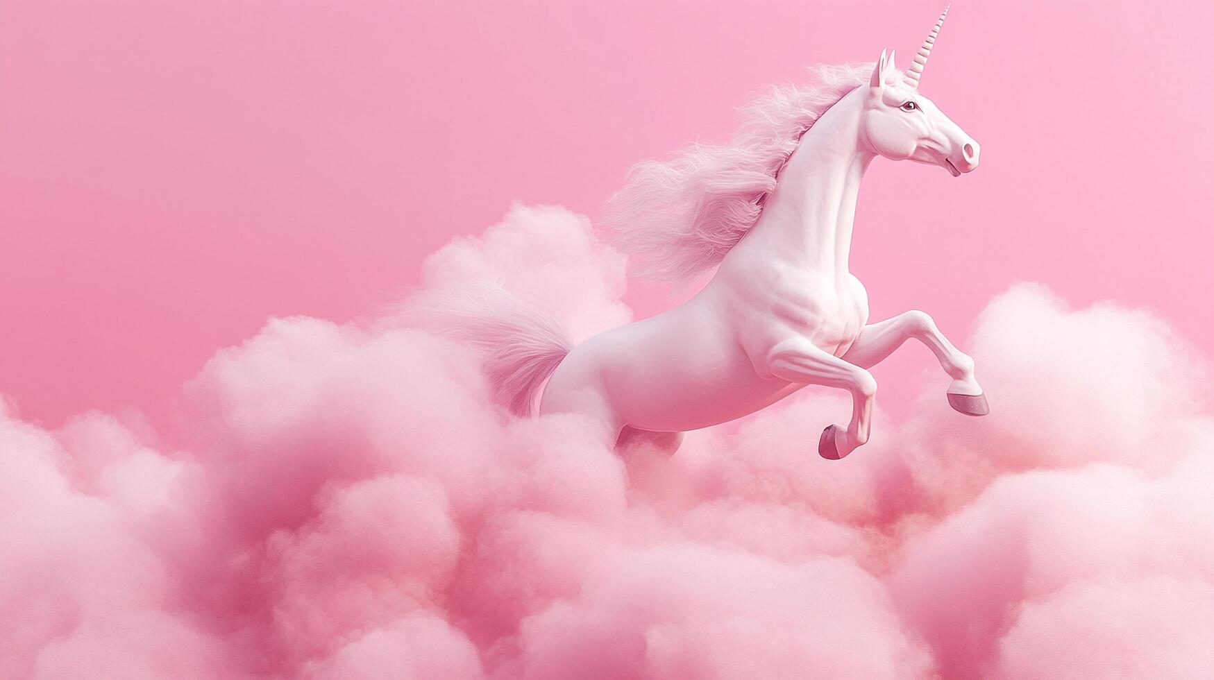 A majestic white unicorn leaps through fluffy pink clouds, creating a dreamy and whimsical scene against a soft pink backdrop. photo