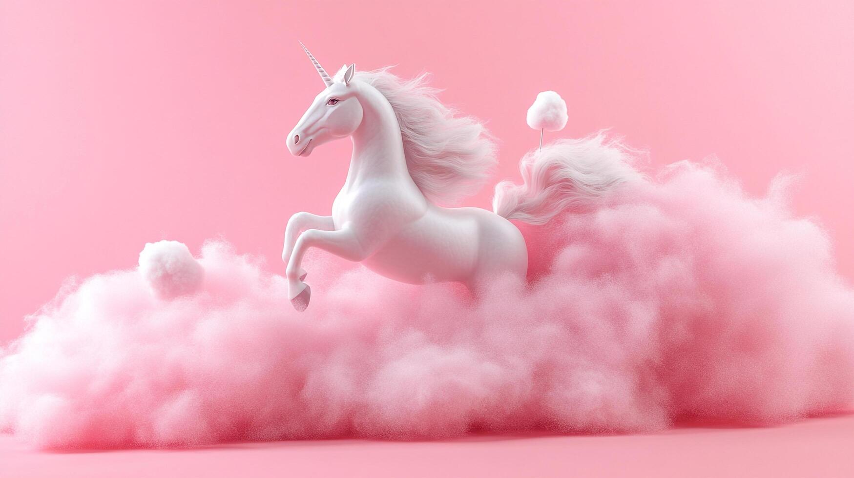 Ethereal unicorn leaps amidst pink clouds. A serene fantasy world of dreams and imagination. Gentle pastel hues create a whimsical scene. photo