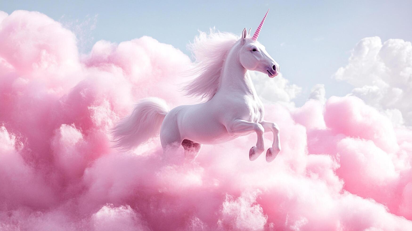 A majestic white unicorn leaps through a whimsical landscape of fluffy pink clouds under a serene sky. Ethereal and dreamy artwork. photo