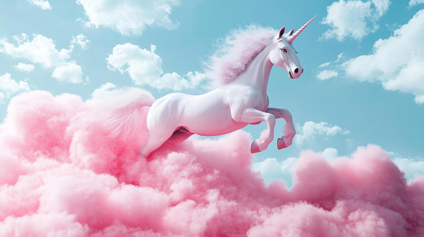 A majestic white unicorn leaps through a cotton candy cloudscape, bathed in soft light under a blue sky, creating a whimsical, dreamy scene. photo