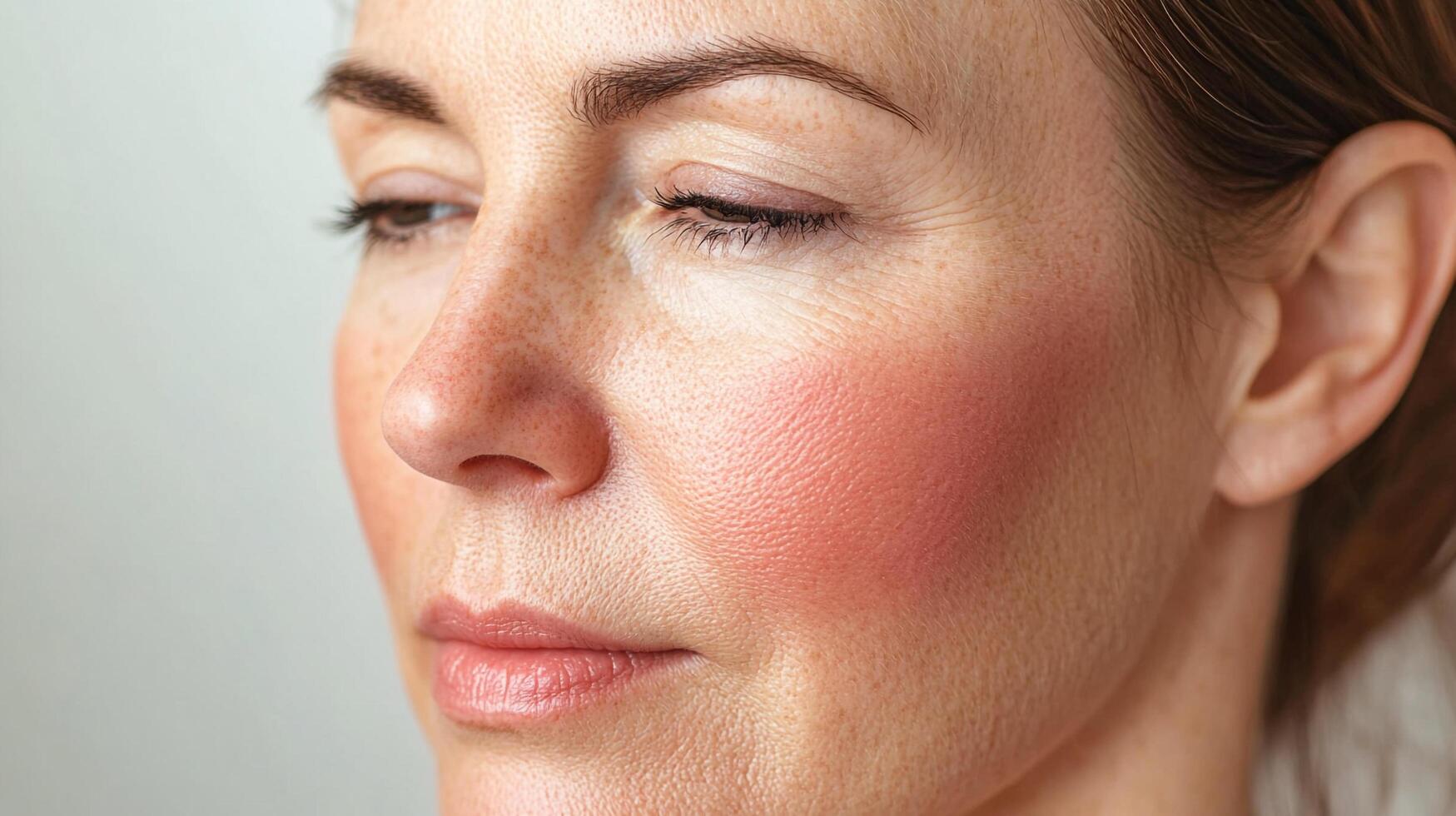 Close-up of a woman's face highlighting skin texture, freckles, and subtle makeup. Natural beauty and aging are prominently displayed. photo