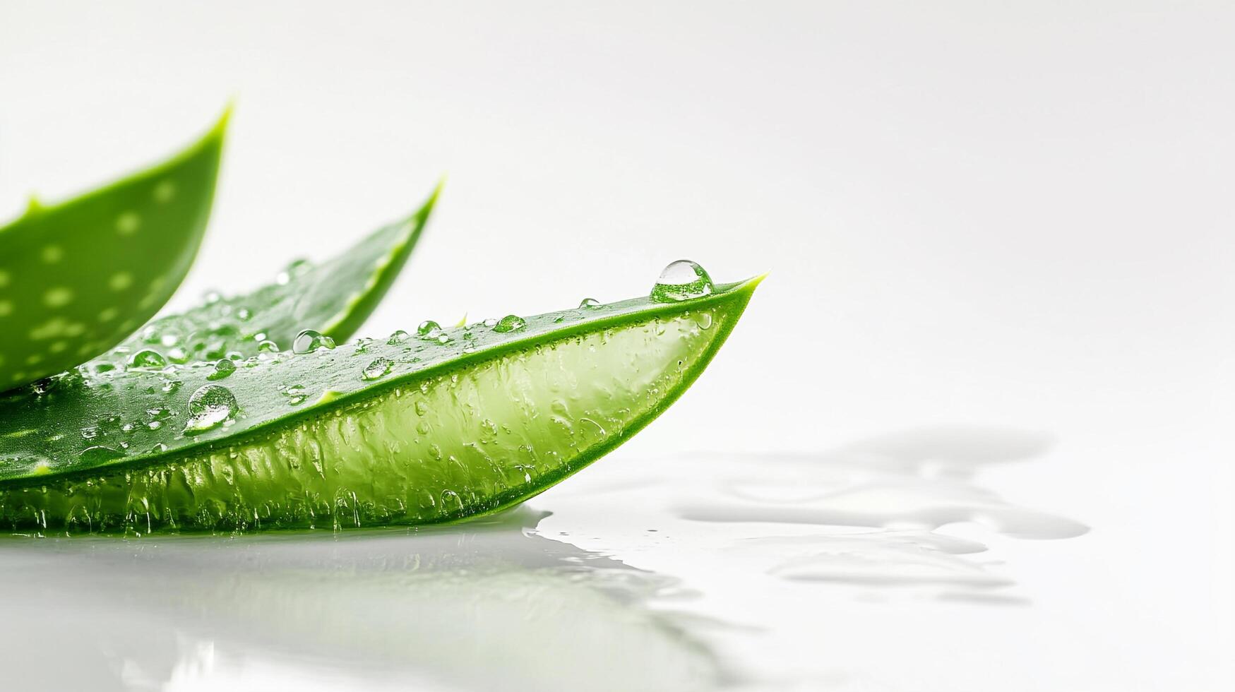 Green plant leaves with water droplets on a white surface, showcasing freshness and natural hydration. Aesthetic close-up of foliage. photo