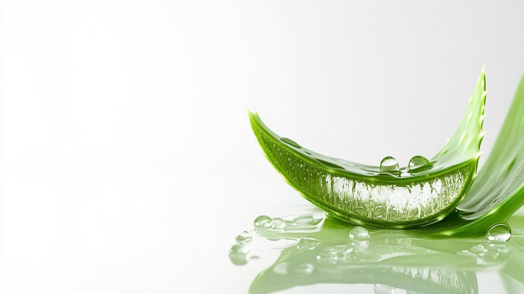 Aloe slice with water droplets glistens, highlighting its fresh and hydrating properties. Green texture stands out against white. photo