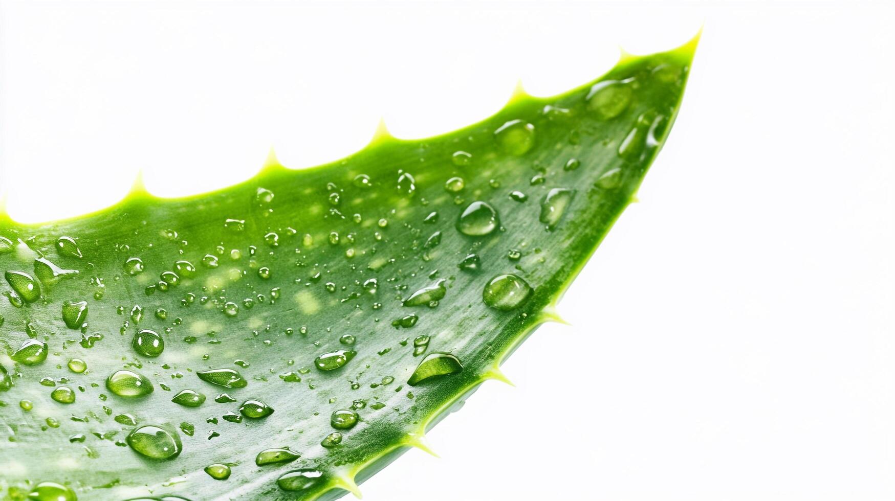 Succulent aloe vera leaf glistening with water droplets, showcasing its refreshing and rejuvenating qualities against a bright white background. photo
