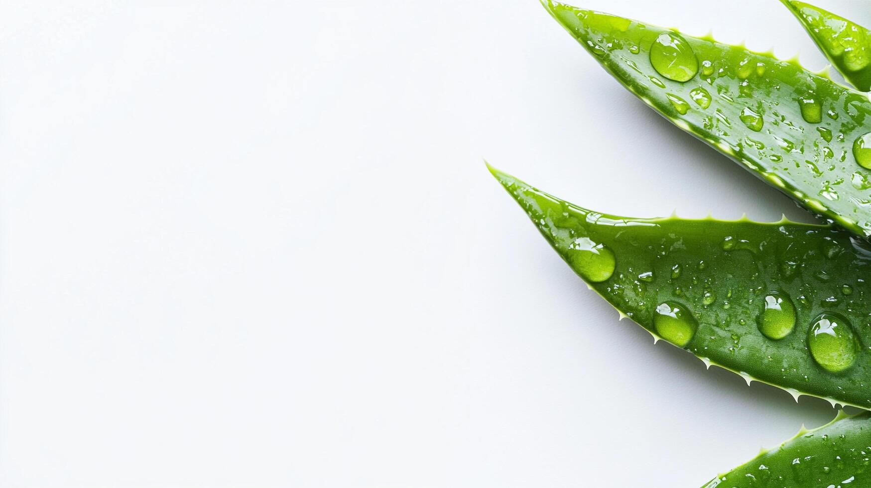 Close-up of green aloe vera leaves with water droplets, set against a clean white backdrop, showcasing natural skincare elements. photo