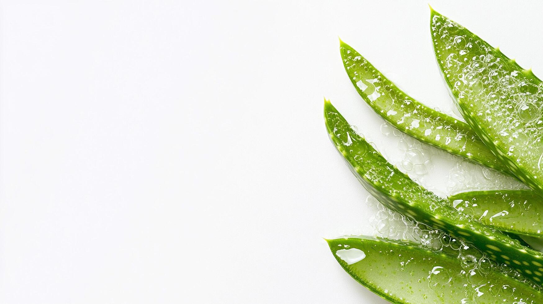 Fresh aloe vera leaves glisten with moisture against a stark white backdrop, highlighting their natural purity and skin-soothing qualities. photo
